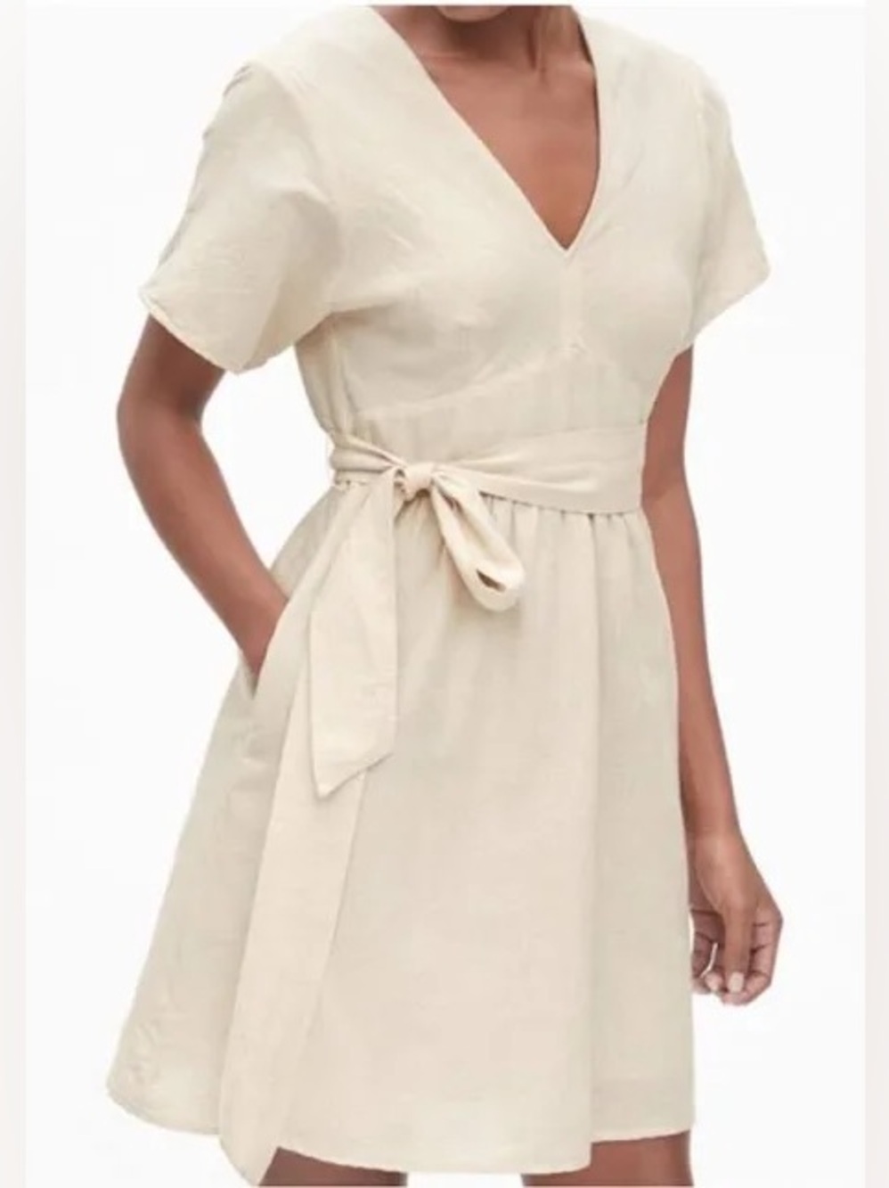 GAP Beige Linen/Cotton Blend V-Neck Tie-Waist Short Kimono Sleeve Dress
